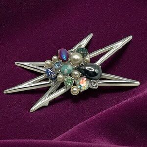Vintage EMMONS Atomic Starburst Silver  Brooch | MCM Opal Art Glass Rhinestones